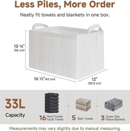 StorageWorks Storage Bins, Fabric Storage Bins for Shelves, Large Storage Baskets with Metal Frame, Closet Baskets and Bins with Handles, Khaki and Beige Stripes, 2-Pack
