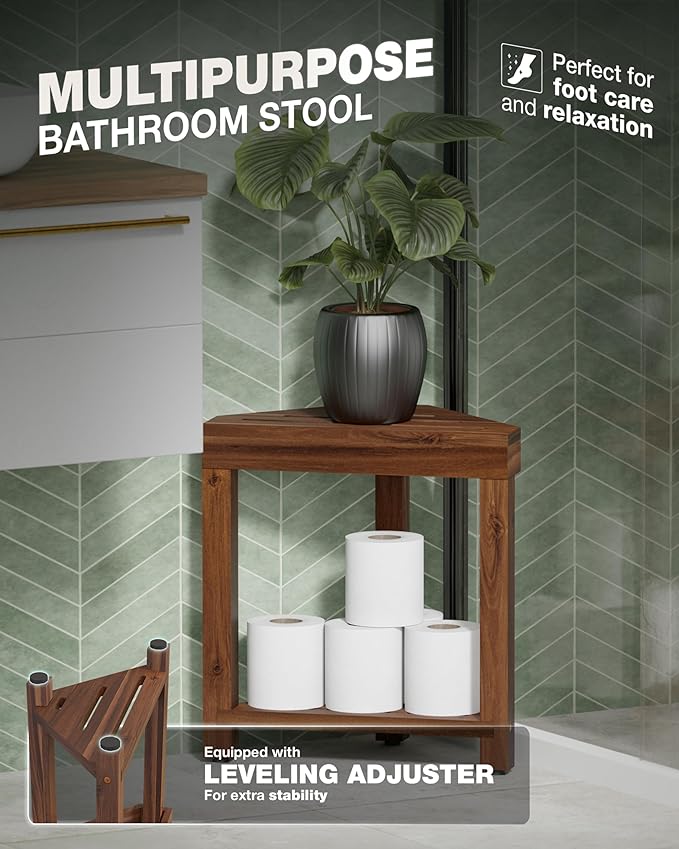 BLUEWEST Shower Foot Stool for Shaving Legs, Acacia Wood Bathroom Foot Rest, Stable Corner Step Stool for Inside Shower, Shower Bench, Compact for Small Shower Spaces (Walnut)