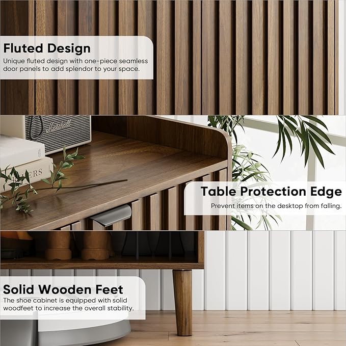 Smuxee Walnut Shoe Cabinet with Fluted Doors, 6-Tier Shoe Storage Cabinet with Adjustable Shelves, Freestanding Shoe Organizer Cabinet for Entryway, Hallway, Closet, Living Room