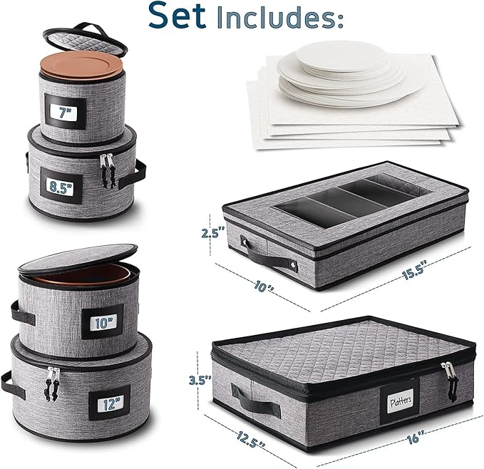 Fine China Hard Shell Dish & Utensil Storage Containers - 6 Piece Stackable Plate Storage with Dividers for Moving & Seasonal Use