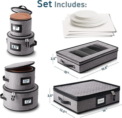 Fine China Hard Shell Dish & Utensil Storage Containers - 6 Piece Stackable Plate Storage with Dividers for Moving & Seasonal Use