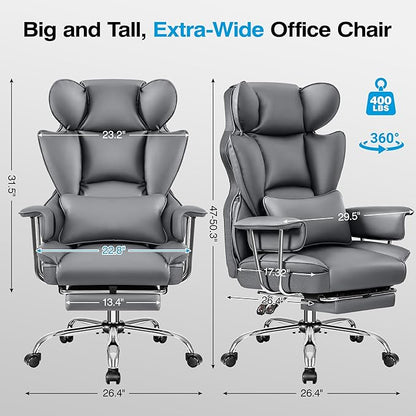 Office Chair Comfy, Big and Tall Executive Leather Chair, High Back Ergonomic Wide Chair with Footrest, Reclining Computer Desk Chair, Heavy Duty Gaming Chair with Padded Arm and Pillow, Grey