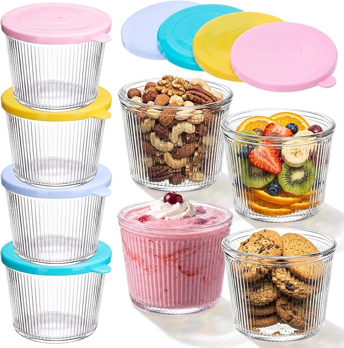 4 Sets Small Glass Bowls with Pastel Lids 6.8oz Ribbed Clear Glass Containers Stackable Dessert Custard Pudding Cups Condiment Bowls for Sauces Dips Nuts Oats Candy Dessert Cereal