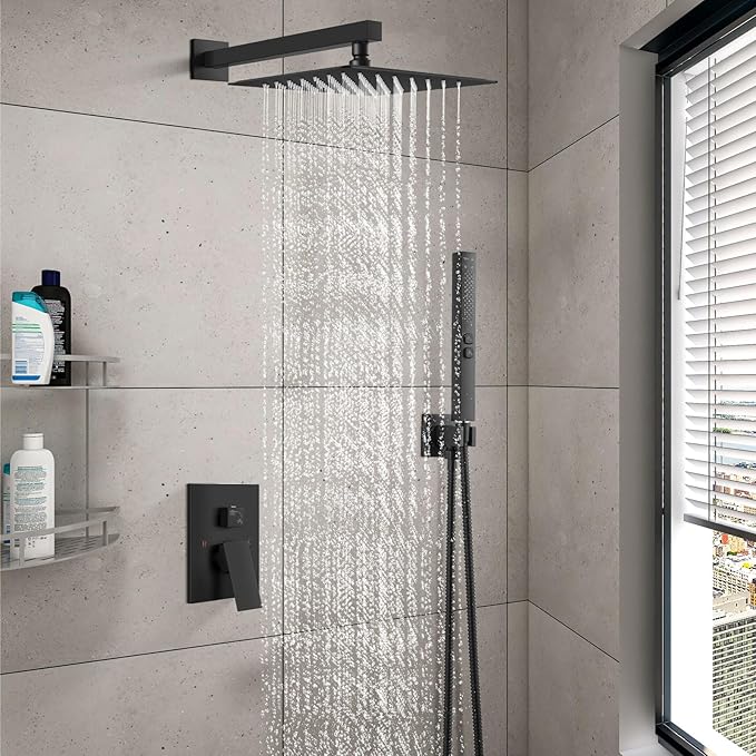 Shower Faucet Set Rainfall Shower System with Square Showerhead and Handle Set Fixture with 2 in 1 Function Handheld Sprayer Wall Mounted Trim Repair Kit Rough-in Valve 10 Inch Matte Black