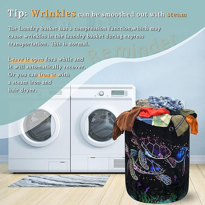 Watercolor Sea Turtle Laundry Basket Foldable Cute Turtles Laundry Hamper Oxford Cloth Ocean Animals Colorful Tote Bag Clothes Toy Storage Bucket For Bathroom/Laundry Storage/Bedroom 18.9x16.5 Inch