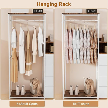 Dresser with Clothes Rack,58" H Clothing Rack with Fabric Drawers & LED Lights,Clothes Racks for Hanging Clothes,8 Drawers Dresser,Garment Rack for Bedroom with Charging Station,White