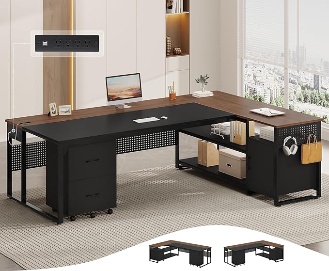 71" Executive Desk, Reversible L Shaped Desk with Mobile File Cabinet & Power Outlets, Large Office Desk with Drawers, Storage Shelves, Hooks, Corner Computer Desk for Home Office (Walnut)