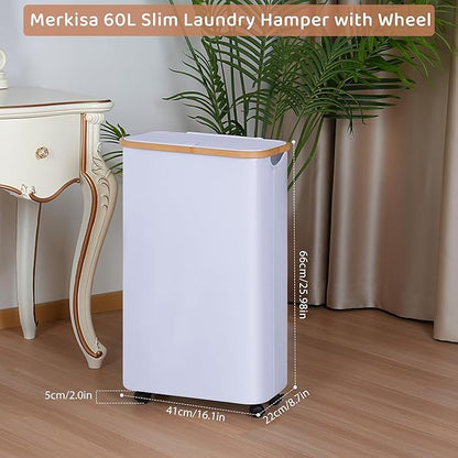 Slim Laundry Basket with Wheels,Narrow Hampers for Laundry(60L White) | Freestanding Laundry Hamper with Lid&Bamboo Handles,Collapsible & Waterproof Tall Cloth Hamper for Dorm Family
