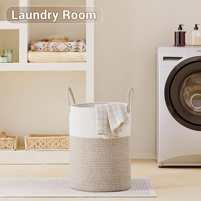 SunNewt Tall Laundry Basket with Handles, 58L Portable Dirty Clothes Hamper, Boho Cotton Rope Storage Bin for Blankets Kids Toys Gifts, Decorative Organizer for Baby Nursery Bedroom Bathroom, Brown