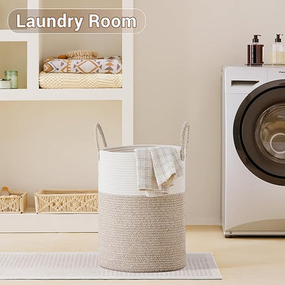 SunNewt Tall Laundry Basket with Handles, 58L Portable Dirty Clothes Hamper, Boho Cotton Rope Storage Bin for Blankets Kids Toys Gifts, Decorative Organizer for Baby Nursery Bedroom Bathroom, Brown