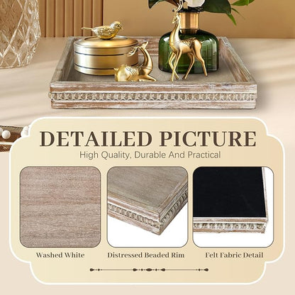 Wooden Decorative Tray, Small Serving Tray with Wood Bead, Farmhouse Big Tray for Ottoman, Countertop, Coffee Tabl, 13" x 13"x 1.6" (White Washed)