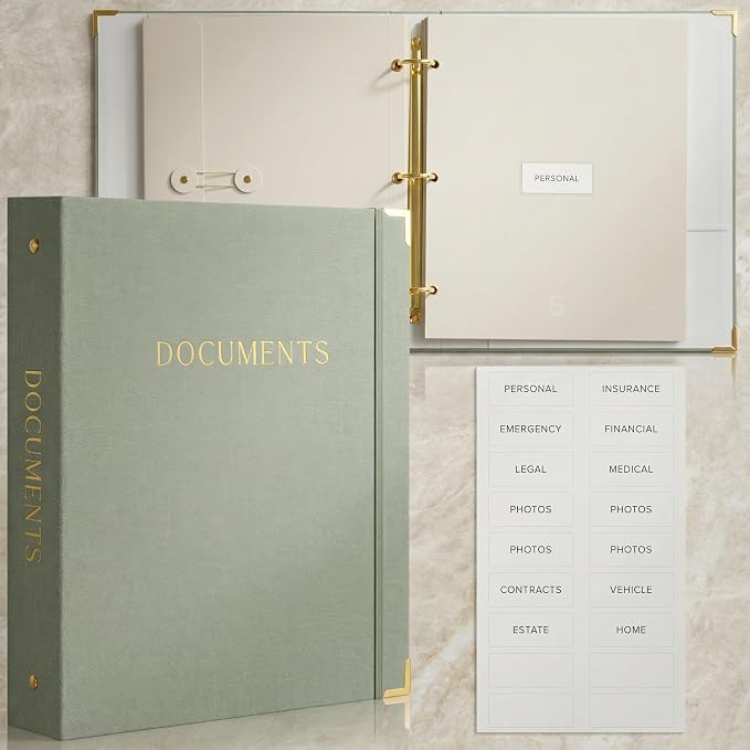 Important Document Organizer Set with Folders - Complete Linen Ring Binder Set Safely Stores All Documents & Files in One Place - Easy to Use Expanding Storage Incl. Envelopes, Pockets & Labels