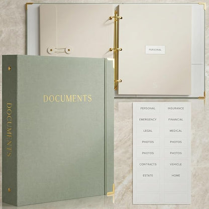 Important Document Organizer Set with Folders - Complete Linen Ring Binder Set Safely Stores All Documents & Files in One Place - Easy to Use Expanding Storage Incl. Envelopes, Pockets & Labels
