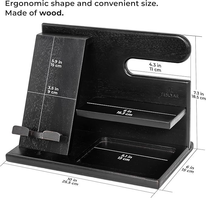 TESLYAR Wood Phone Docking Station for Men - Desktop or Nightstand Organizer - Birthday Gifts for Men, Dad - Anniversary Idea from Wife - Key Holder, Stand Wallet, Watch & Essentials (Granite Black)