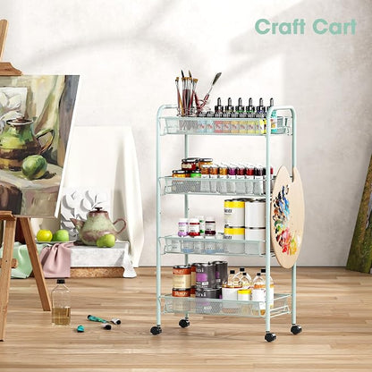 TOOLF 4-Tier Rolling Cart, Metal Utility Cart with 3 Hooks, Easy Assemble Mobile Storage Trolley On Wheels, Metal Shelving Units Kitchen Bathroom Laundry Room