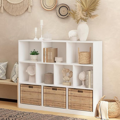 Wooden 10 Cube Book Shelf with Base,3 Tier Freestanding Horizontal Bookshelf, Open Bookcase Cube Shelf Storage Organizer for Bedroom, Living Room, Office, Study Room, White