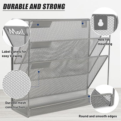 EASEPRES Desk File Organizer Mesh 4-Tier, Hanging Wall Mount Document Organization Stand, Desktop Vertical Mail Paper Folder Holder Rack with Bottom Tray for Office Home Cubicle Countertop, Gray