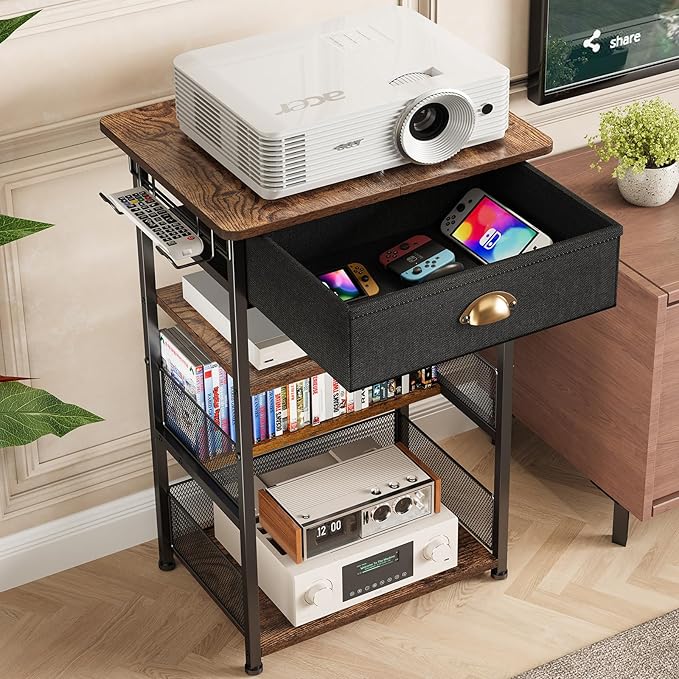 Hongtamoya 4-Tier AV Media Stand with Drawer, Video Game Console Shelf with 2 Hooks, Audio Rack Tower Perfect for/Xbox/ PS5/Switch/Game Consoles/DVD/Record Player/Projector/Sky Box/TV Accessories