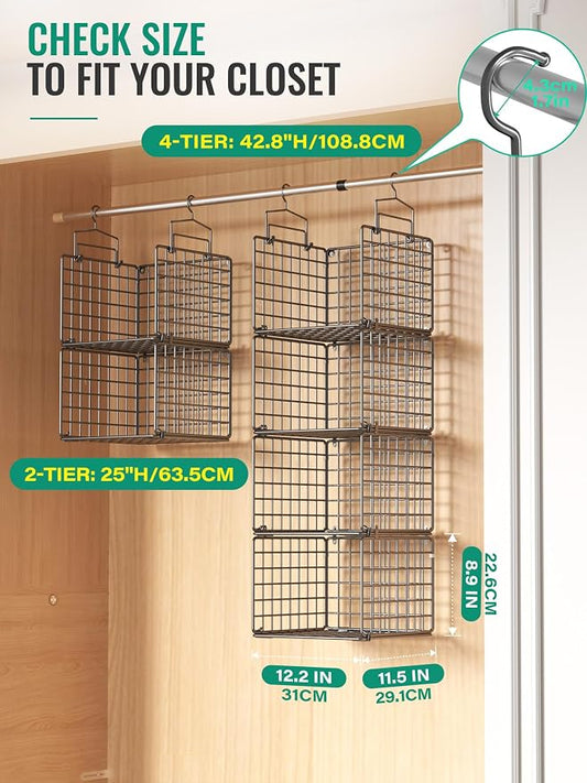 Hanging Closet Organizer, 4 Tier Metal Closet Organizers and Storage with 4 Hanging Hooks 4 S-Hooks for Wardrobe Laundry Room, Wire Storage Shelf for Clothes Sweaters Pants (Black)
