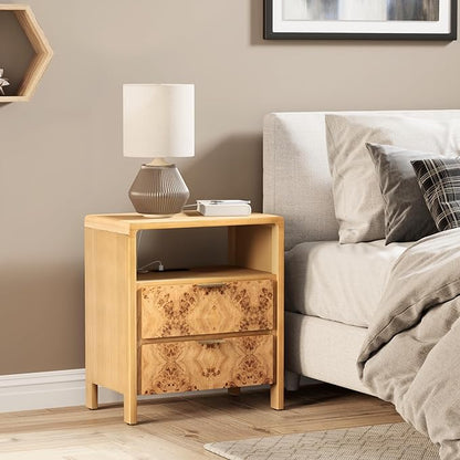 COZAYH Set of 2 Farmhouse 2 Drawer Nightstand with Charging Station, Side Table with Power Outlet, USB and Type-C Ports, Burl Wood Finish, Natural