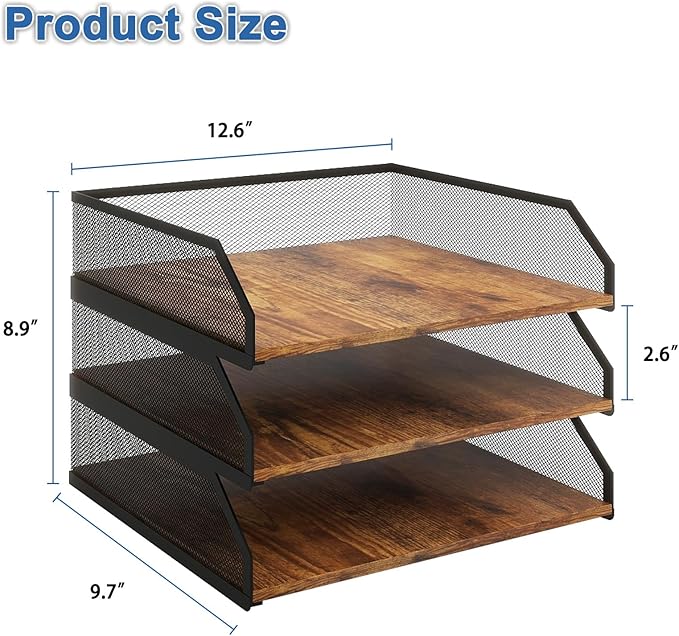Natwind 3-Tier Stackable Paper Tray, Metal Mesh Desktop Organizer, Paper Sorter, Letter Trays,File Document Storage Rack for for Home, Office, School (Retro)
