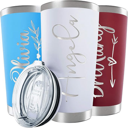 Personalized Tumbler with Engraved Name - 12 Designs, 20 Oz Coffee Tumbler with Slider Lid, White, Double Wall Insulated - Custom Gifts for Women