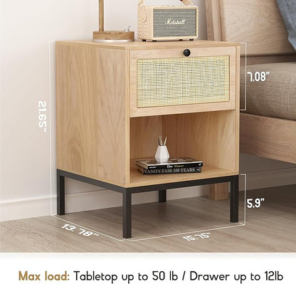 XIAO WEI Natural Rattan Nightstand Set of 2, Boho Night Stand with Drawer and Open Shelf, Bedside Table Accent Cane End Table Side Table for Bedroom Living Room, Metal Legs/Small/Natural