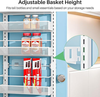8 Tiers Over the Door Organizer - Height Adjustable Pantry Organizers and Storage with Dense Mesh Baskets, Anti-Swing Hanging Door Spice Rack for Kitchen Bathroom (White, 12.3"W x 4.7"D x 69"H)