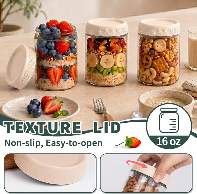 Overnight Oats Containers with Lids, 16oz Glass Storage Containers with Lids, Wide Mouth Mason Jars, Glass Jars with Airtight Lids for Sugar, Yogurt, Chia Seed, Pudding, Meal Prep 6-Pack
