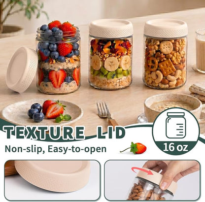 Overnight Oats Containers with Lids, 16oz Glass Storage Containers with Lids, Wide Mouth Mason Jars, Glass Jars with Airtight Lids for Sugar, Yogurt, Chia Seed, Pudding, Meal Prep 6-Pack