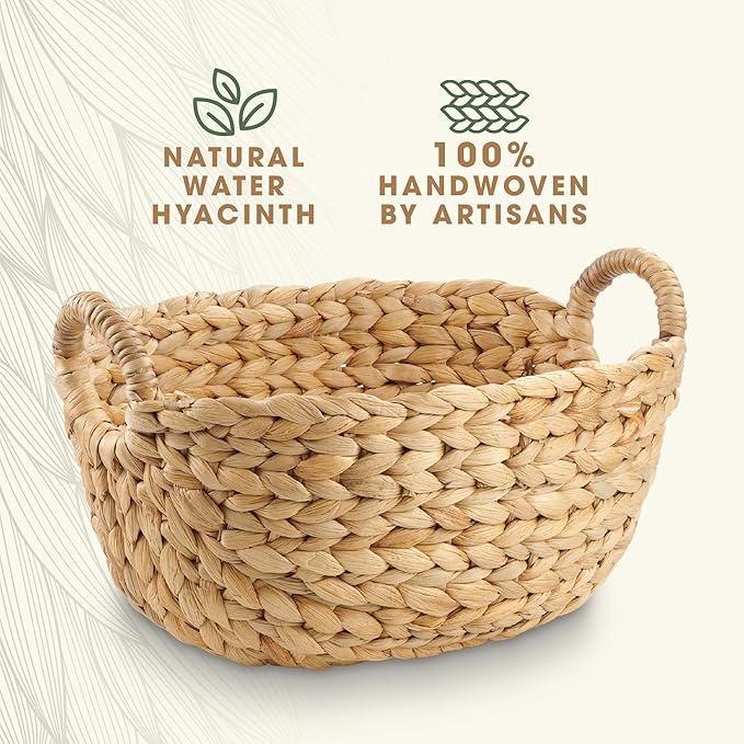 Set of 3 Wicker Storage Baskets for Organizing - Woven Decorative Baskets with Handles - Organizers for Bathroom, Kitchen, and Shelves (Natural)