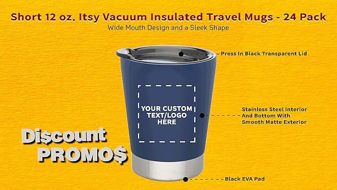 Personalized 12 oz. Itsy Vacuum Insulated Travel Mugs - 24 Pack - Custom Text, Logo - Blue