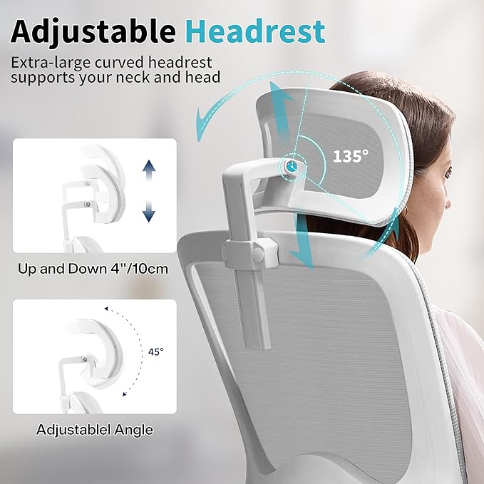 Ergonomic Office Chair,Mesh Office Chair with Lumbar Support,High Back Desk Chair with Flip-up Arms,400 lbs Big and Tall Computer Chair with Headrest,Comfy Desk Chairs (Light Grey)