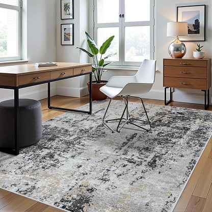 5x8 Area Rugs for Living Room Rug Washable: Abstract Rug for Dining Room Bedroom Carpet Non Slip 5 by 8 Indoor Modern Nursery Home Office Black Grey Gold