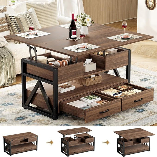 Memobarco 40" Lift Top Coffee Table,4 in 1 Multi-Function Lift Coffee Tables with Storage Drawers and Hidden Compartmen,Farmhouse Coffee Table with Lifting top for Living Room, Walnut