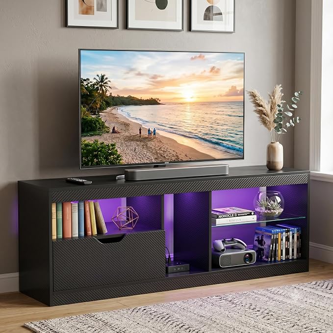JUMMICO TV Stand, Entertainment Center LED Gaming TV Stand for 65+ Inch TV Carbon Fiber Top, Dynamic RGB Modes TV Cabinet Console with Adjustable Glass Shelves Storage Drawers (Black)