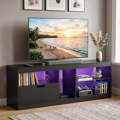 JUMMICO TV Stand, Entertainment Center LED Gaming TV Stand for 65+ Inch TV Carbon Fiber Top, Dynamic RGB Modes TV Cabinet Console with Adjustable Glass Shelves Storage Drawers (Black)