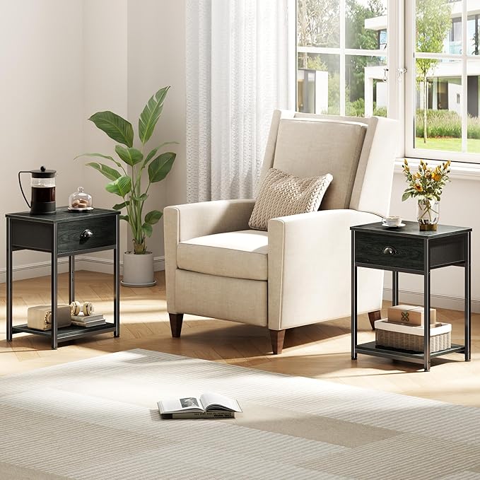 Furologee Nightstand with Fabric Drawer & Storage Shelf, Small Side Table for Small Space, 2 Tiers Industrial End Table for Living Room, Bedroom, Black Oak