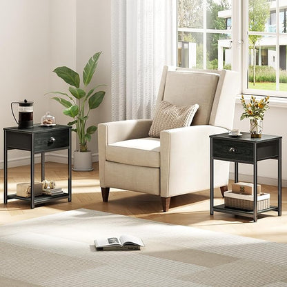 Furologee Nightstand with Fabric Drawer & Storage Shelf, Small Side Table for Small Space, 2 Tiers Industrial End Table for Living Room, Bedroom, Black Oak