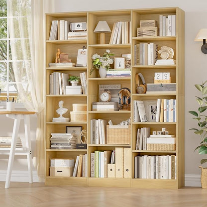 FACBOTALL Triple Wide Bookshelf, 6 Tier Large Bookshelf, Bookcase with 17 Open Display Shelves, 74'' Tall Bookcases and Bookshelves for Living Room, Home Office, Library, Natural