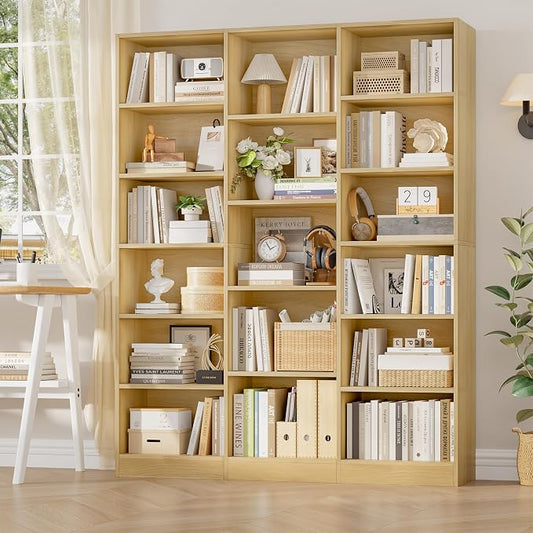 FACBOTALL Triple Wide Bookshelf, 6 Tier Large Bookshelf, Bookcase with 17 Open Display Shelves, 74'' Tall Bookcases and Bookshelves for Living Room, Home Office, Library, Natural