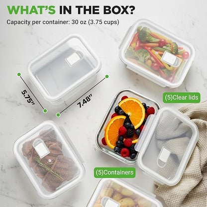 NutriChef 10-Piece Superior Glass Food Storage Containers Set (5 Containers + 5 Locking Lids),Stackable Meal-prep Design, BPA-free Airtight Clear Locking lids with Vent Lids & Air Hole, NCCLX5