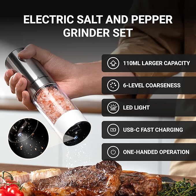 ThermoMaven Electric Salt and Pepper Grinder Set, 110ml Larger Rechargeable Automatic Salt and Pepper Mill Grinder with 6 Adjustable Coarseness, Salt and Pepper Shakers, LED, 2 Packs, Black & White