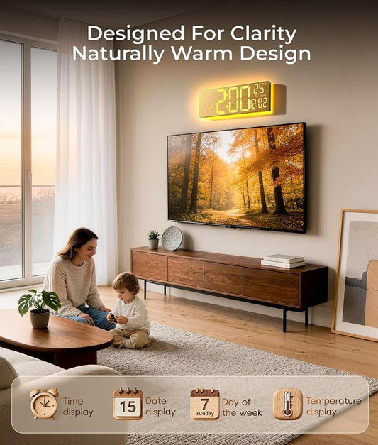 EASYERA 16.5" Large Digital Wall Clock with BT Sync, Wood Grain Clock with 11 RGB Light Scenes, Remote Control, Dual Alarms with Big LED Display, Auto DST, Temperature for Classroom Gaming