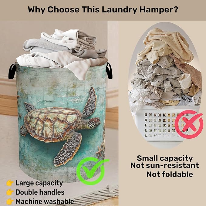Retro Map Turtle Large Clothes Hamper Bag - Laundry Basket with Handles, Space Saving Foldable Design for Nursery