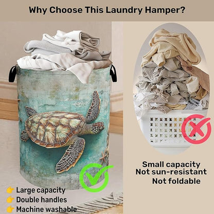 Retro Map Turtle Large Clothes Hamper Bag - Laundry Basket with Handles, Space Saving Foldable Design for Nursery