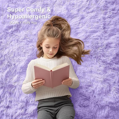 OLANLY 2x3 Machine Washable Small Bedside Rug, Soft Fluffy Shaggy Entryway Throw Rugs for Bedroom, Living Room, Indoor Floor Carpet for Kids Girl Boy, Nursery Room, Home Decor Aesthetic, Light Purple