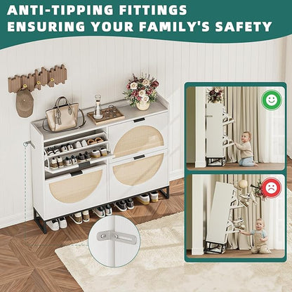 Shoe Storage Cabinet for Entryway Wooden Rattan Shoe Cabinet with 4 Flip Drawers Long Hidden Shoes Cabinet Storage with Metal Legs Narrow Shoe Rack Cabinet Shoes Organizer Cabinet for Hallway White