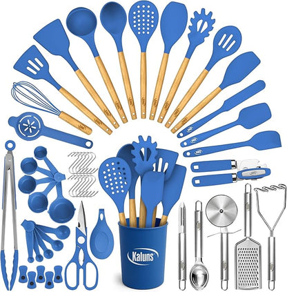 Kaluns 50 PCS Silicone Kitchen Utensils Set Complete Kitchen Set - 800°F Heat Resistant Non-Stick Premium Silicone Cooking Utensils W Wooden Handles - Can Opener, Masher, Turner, Silicone Spatula Set