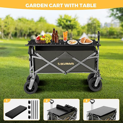 Collapsible Wagon Cart with Removable Tabletop, 500LBS Folding Wagons with Extended Tailgate, Big All-Terrain Wheels, Heavy Duty Utility Wagon Carts for Beach, Picnic, Grocery, Outdoor